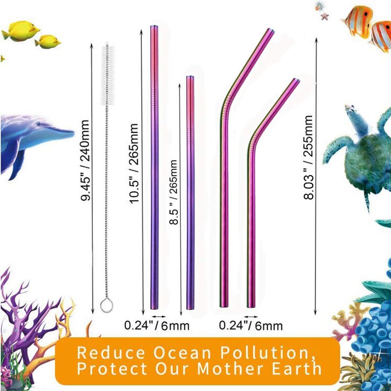 VEHHE Reusable Straws 8 Set Multi Color Stainless Steel Straws - Cleaning Brush for 20 Oz (Rainbow 8.5 inch + 10.5 inch) - Image 2